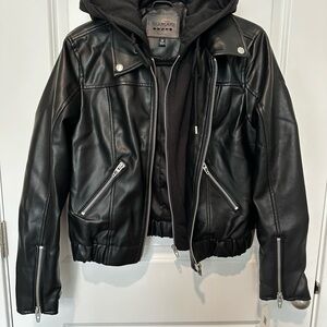 Blank NYC Black Faux Leather Bomber Jacket with Removable Hoodie